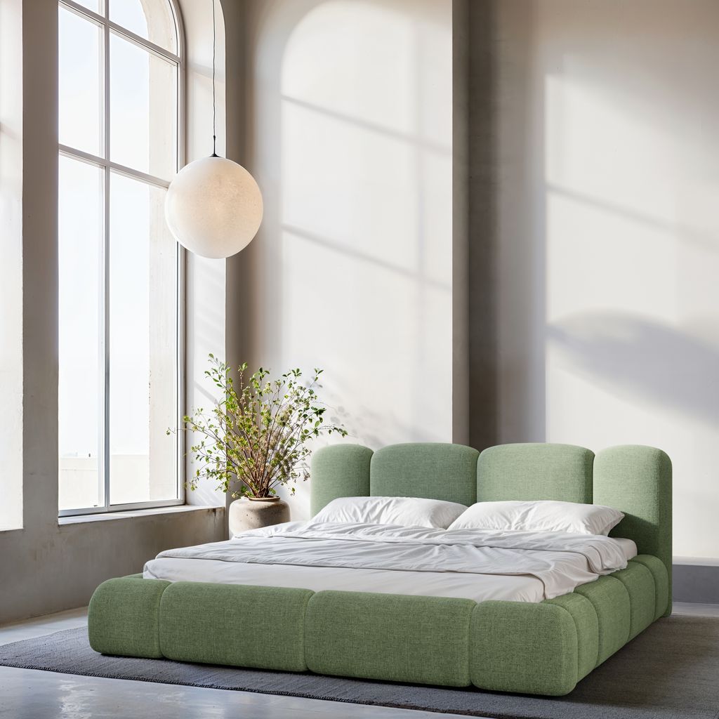 
Design Polsterbett „Elara“ mit Ablagefach, Webstoff Grün - 140 x 200 cm
