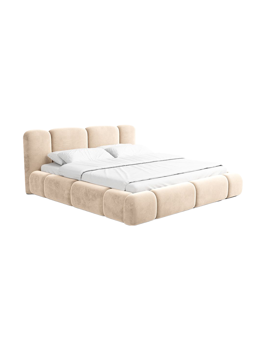 
Design Polsterbett „Elara“ mit Ablagefach, Samt Beige - 140 x 200 cm