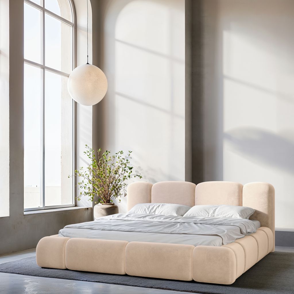 
Design Polsterbett „Elara“ mit Ablagefach, Samt Beige - 140 x 200 cm