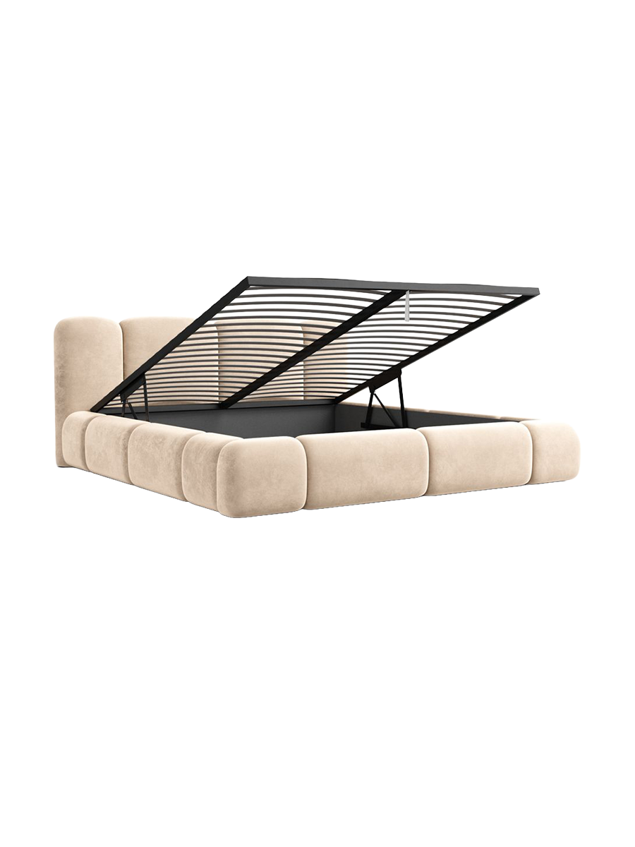 
Design Polsterbett „Elara“ mit Ablagefach, Samt Beige - 140 x 200 cm
