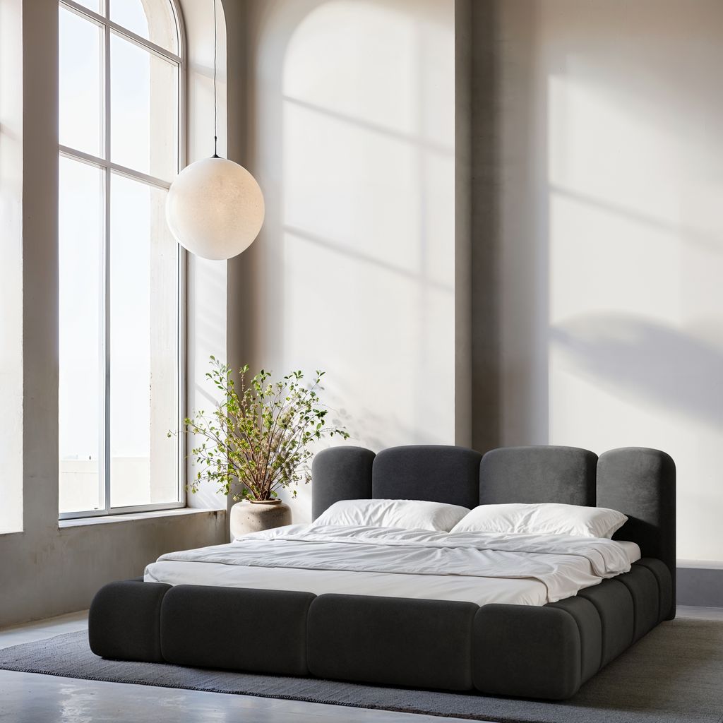 
Design Polsterbett „Elara“ mit Ablagefach, Samt Schwarz - 140 x 200 cm