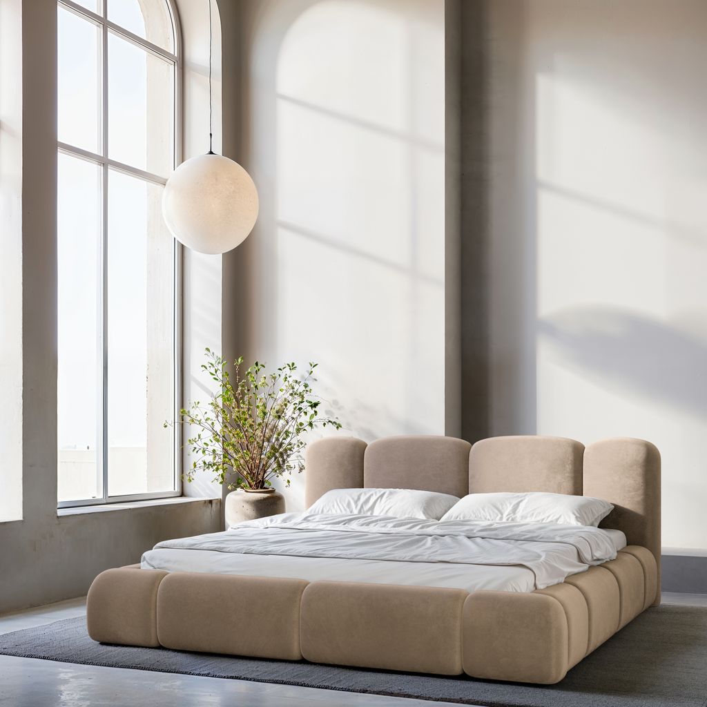 
Design Polsterbett „Elara“ mit Ablagefach, Samt Braun - 140 x 200 cm