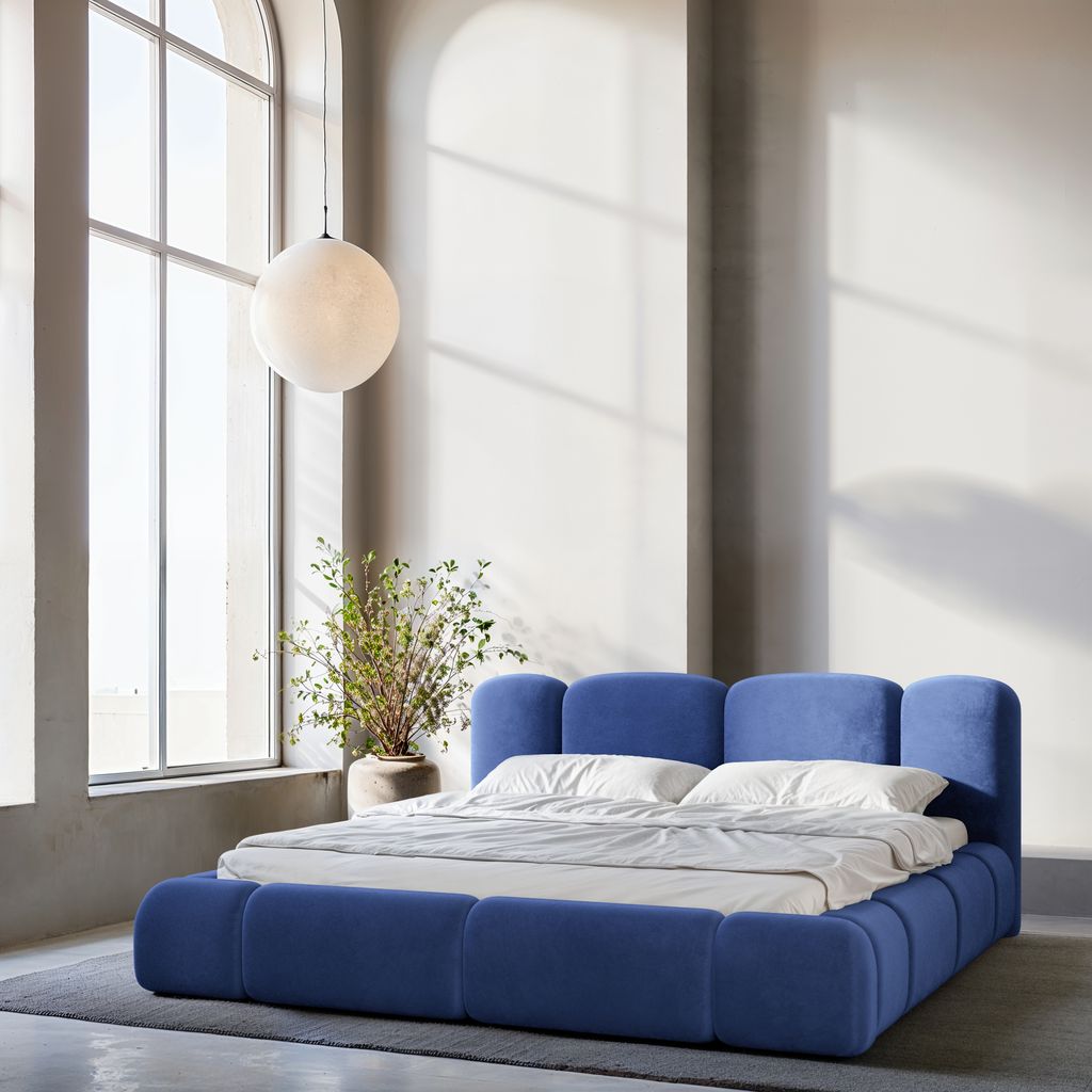 
Design Polsterbett „Elara“ mit Ablagefach, Samt Blau - 140 x 200 cm