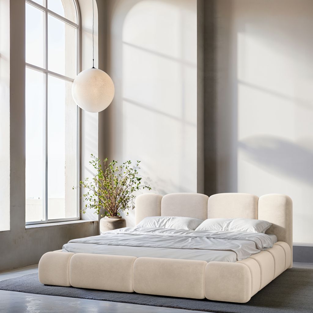 
Design Polsterbett „Elara“ mit Ablagefach, Samt Cream - 140 x 200 cm