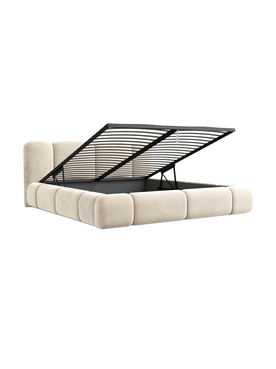
Design Polsterbett „Elara“ mit Ablagefach, Samt Cream - 140 x 200 cm