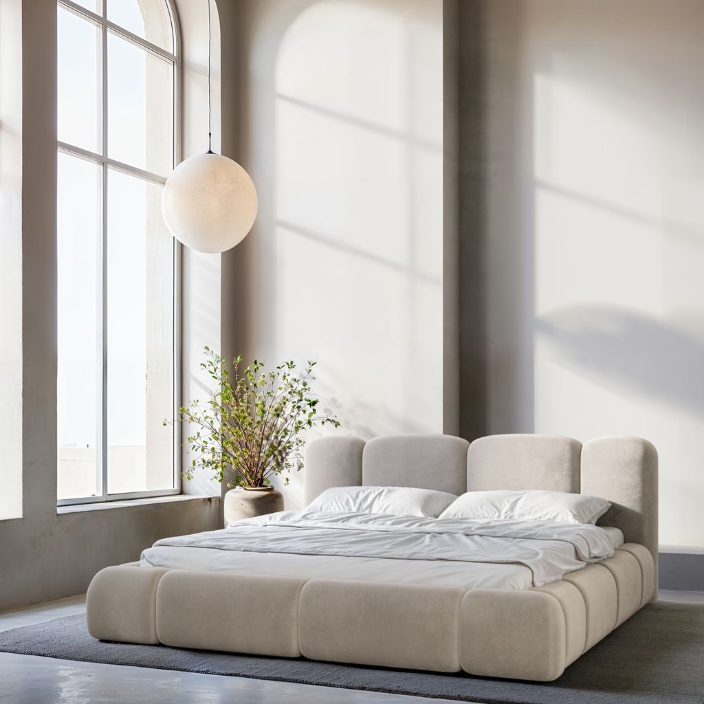 
Design Polsterbett „Elara“ mit Ablagefach, Samt Beige dunkel - 140 x 200 cm