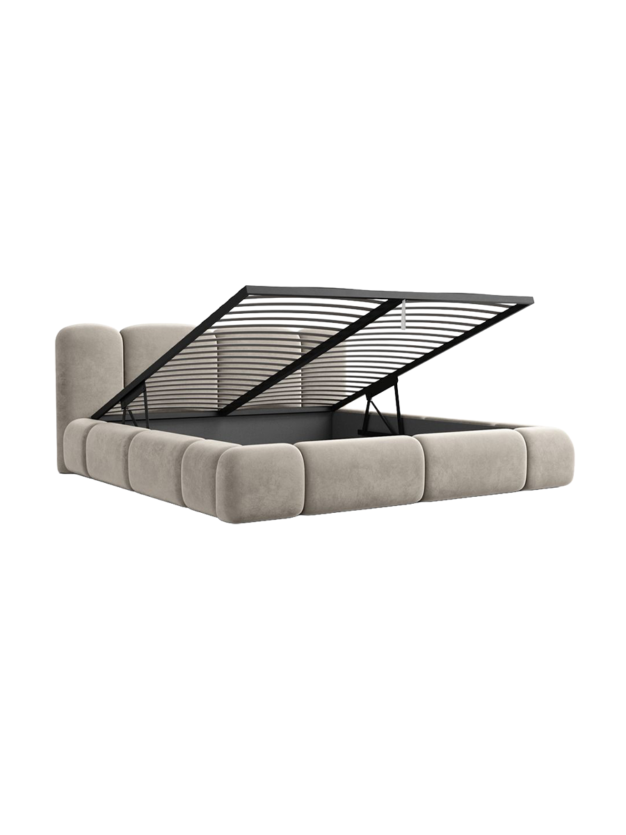
Design Polsterbett „Elara“ mit Ablagefach, Samt Beige dunkel - 140 x 200 cm