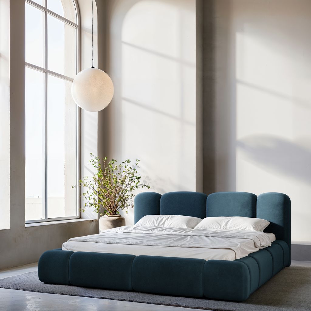 
Design Polsterbett „Elara“ mit Ablagefach, Samt Dunkelblau - 140 x 200 cm