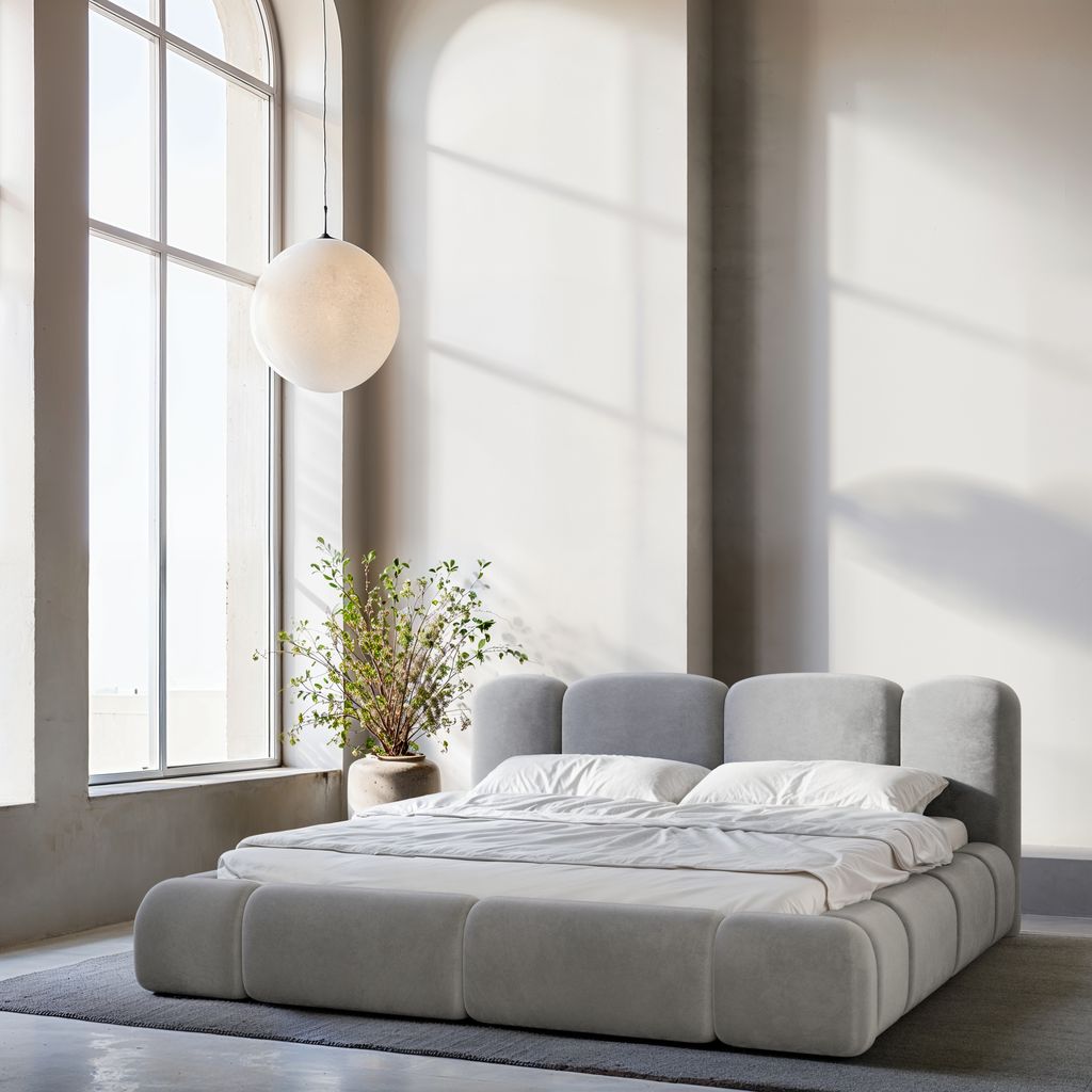 
Design Polsterbett „Elara“ mit Ablagefach, Samt Grau - 140 x 200 cm