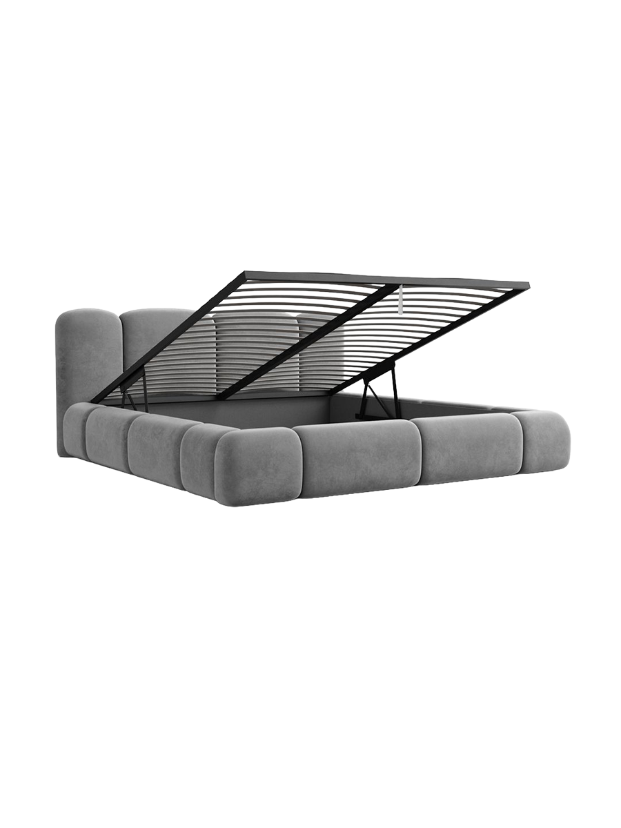 
Design Polsterbett „Elara“ mit Ablagefach, Samt Grau - 140 x 200 cm