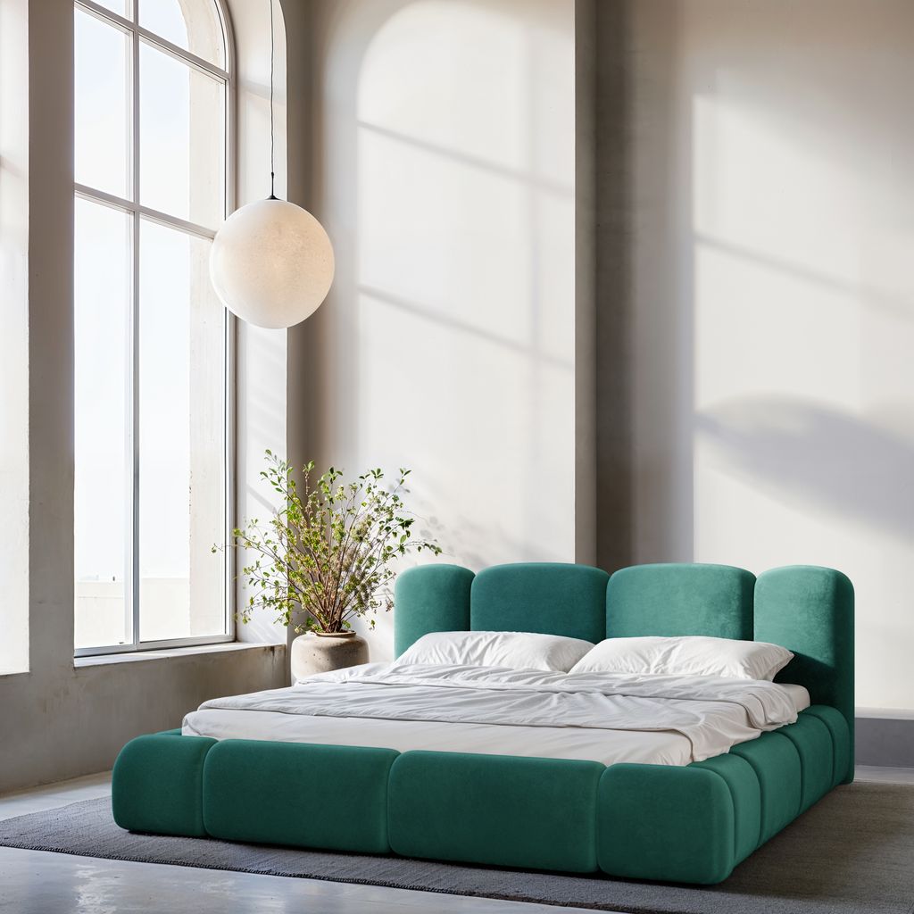 
Design Polsterbett „Elara“ mit Ablagefach, Samt Grün - 140 x 200 cm