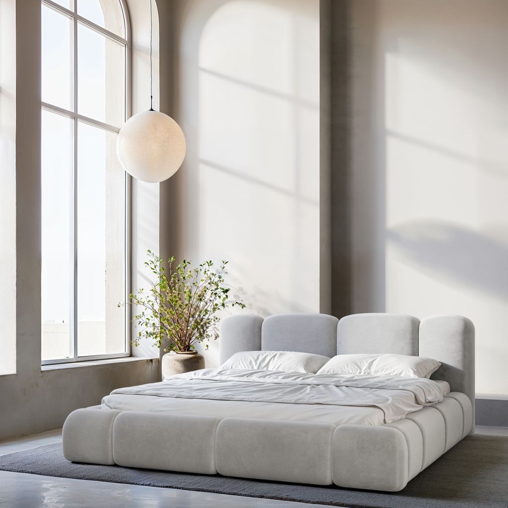 
Design Polsterbett „Elara“ mit Ablagefach, Samt Hellgrau - 140 x 200 cm