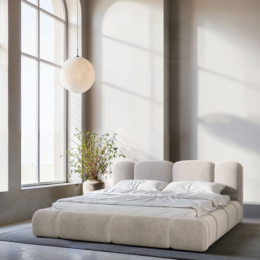 
Design Polsterbett „Elara“ mit Ablagefach, Samt Sand - 140 x 200 cm