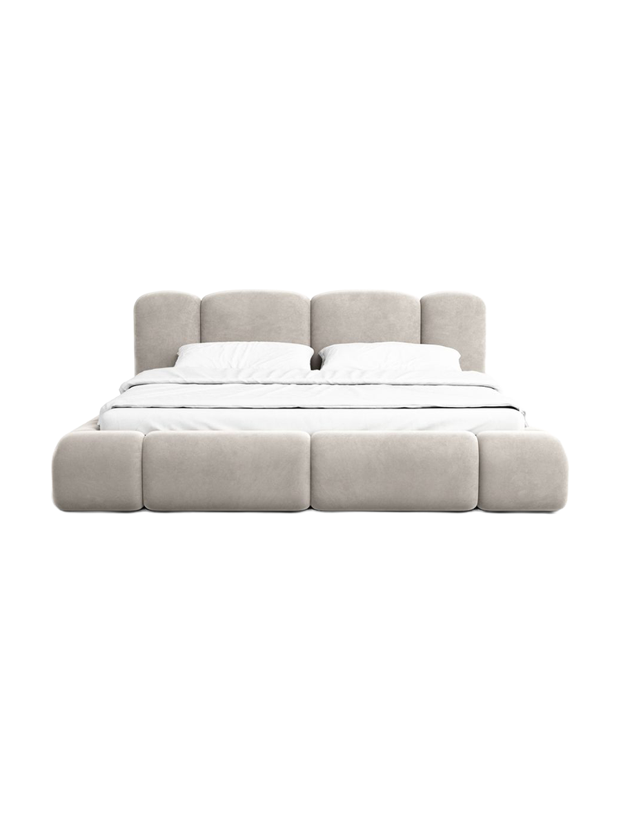 
Design Polsterbett „Elara“ mit Ablagefach, Samt Sand - 140 x 200 cm