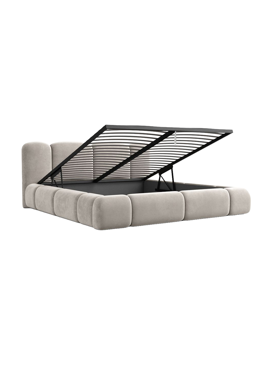 
Design Polsterbett „Elara“ mit Ablagefach, Samt Sand - 140 x 200 cm