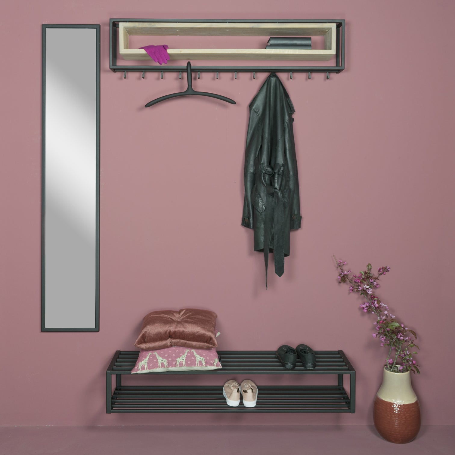 
Designer Wall Coat Rack "School 120" - Black/Oak Nature