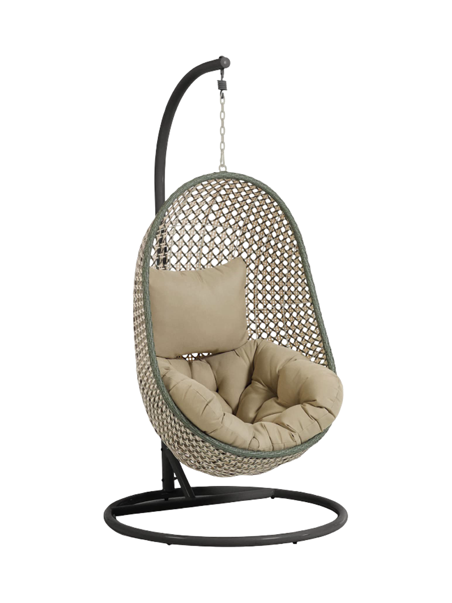 
Fauteuil suspendu In/Outdoor de haute qualité « Cira » avec support - Structure : Gris clair, Panier : Beige/Vert, Coussins : Beige