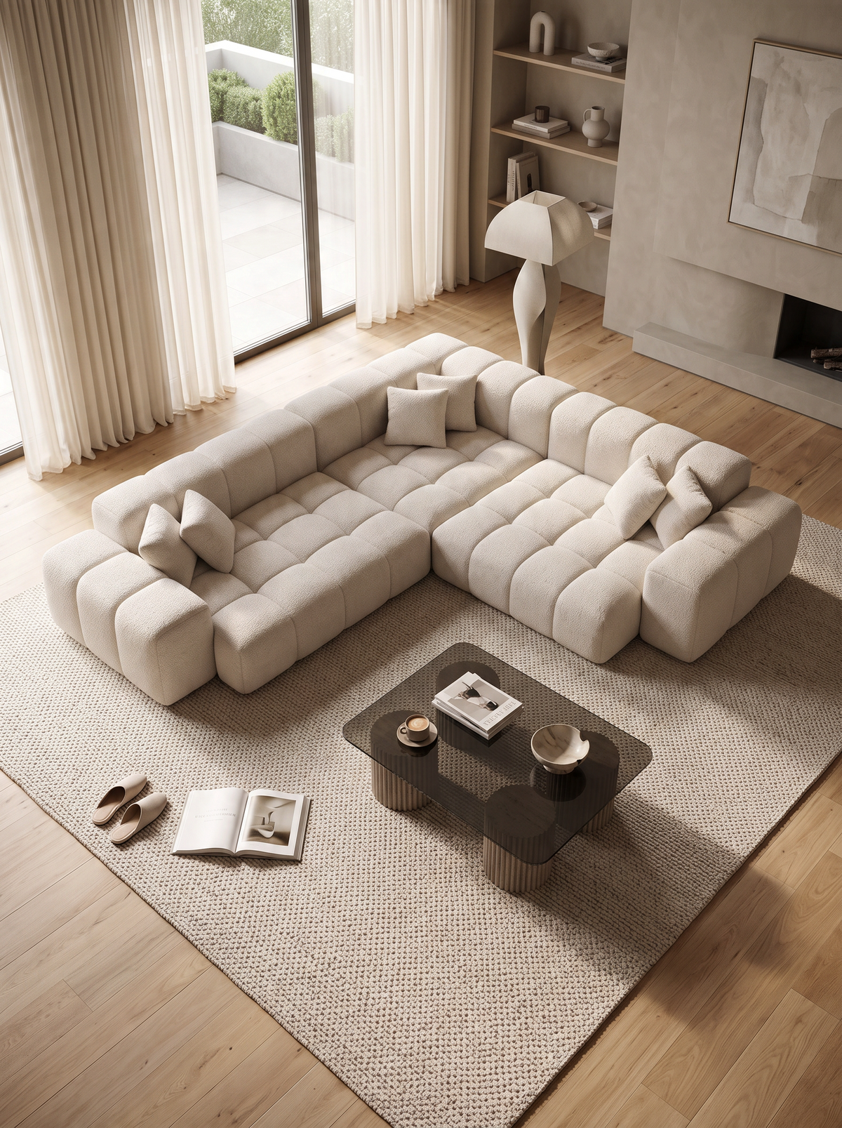 
Divano angolare di design a 5 posti „Avenza“ con rivestimento in bouclé - Bouclé Toffee