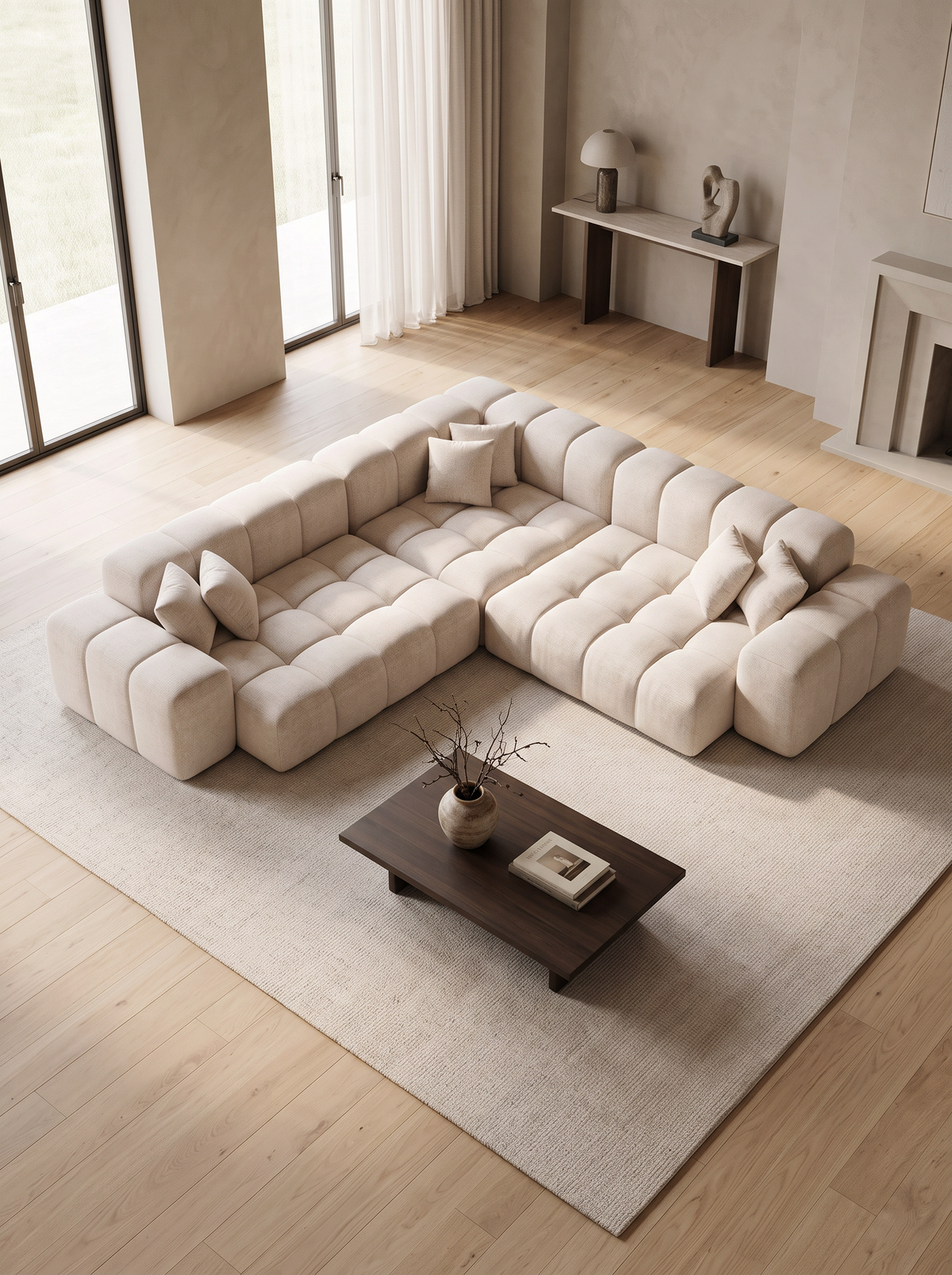 
Divano angolare di design a 5 posti „Avenza“ con rivestimento in tessuto strutturato - Tessuto strutturato Beige