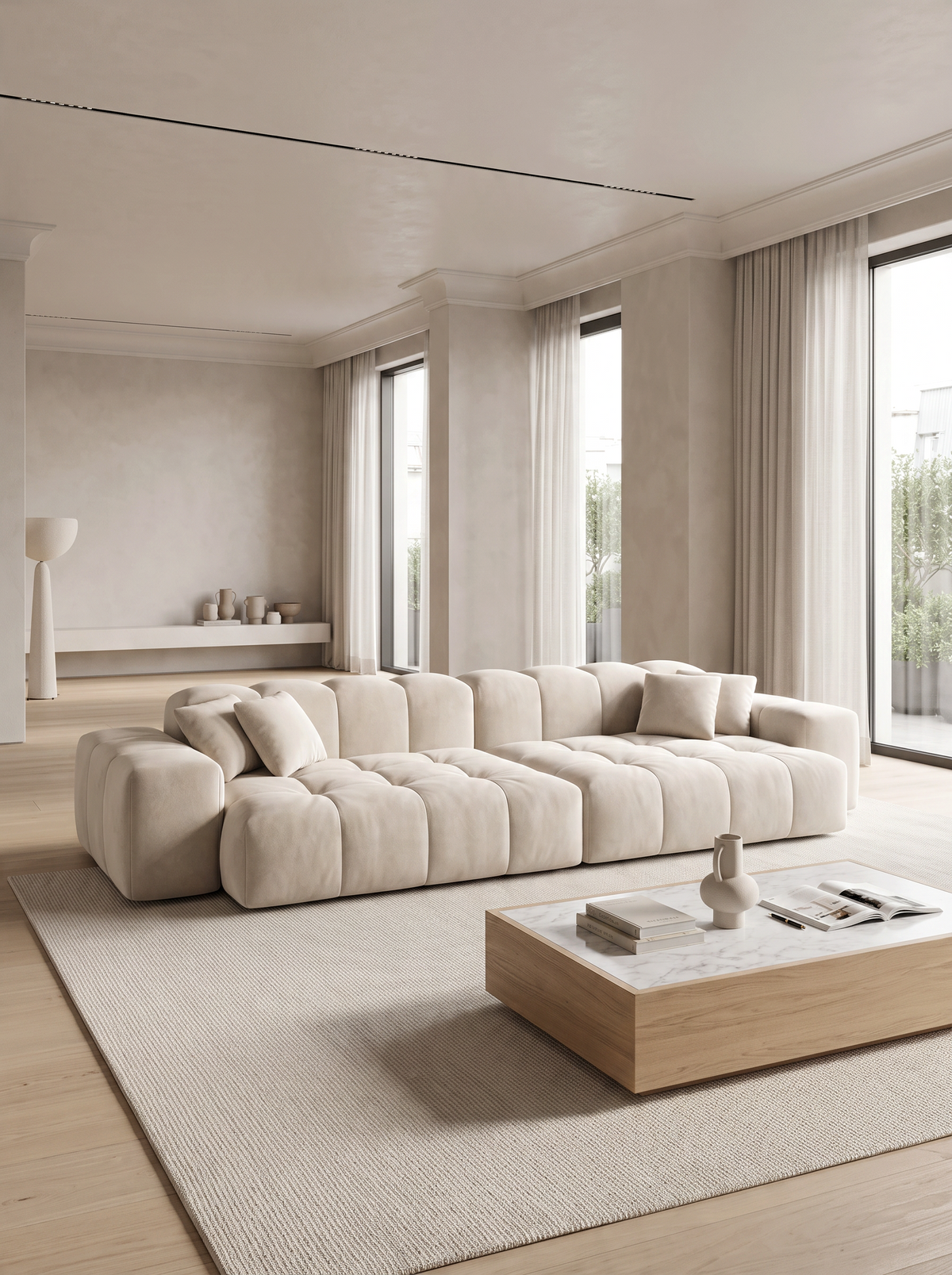 
Divano di design a 4 posti „Avenza“ con rivestimento in velluto - Rivestimento in velluto Beige scuro
