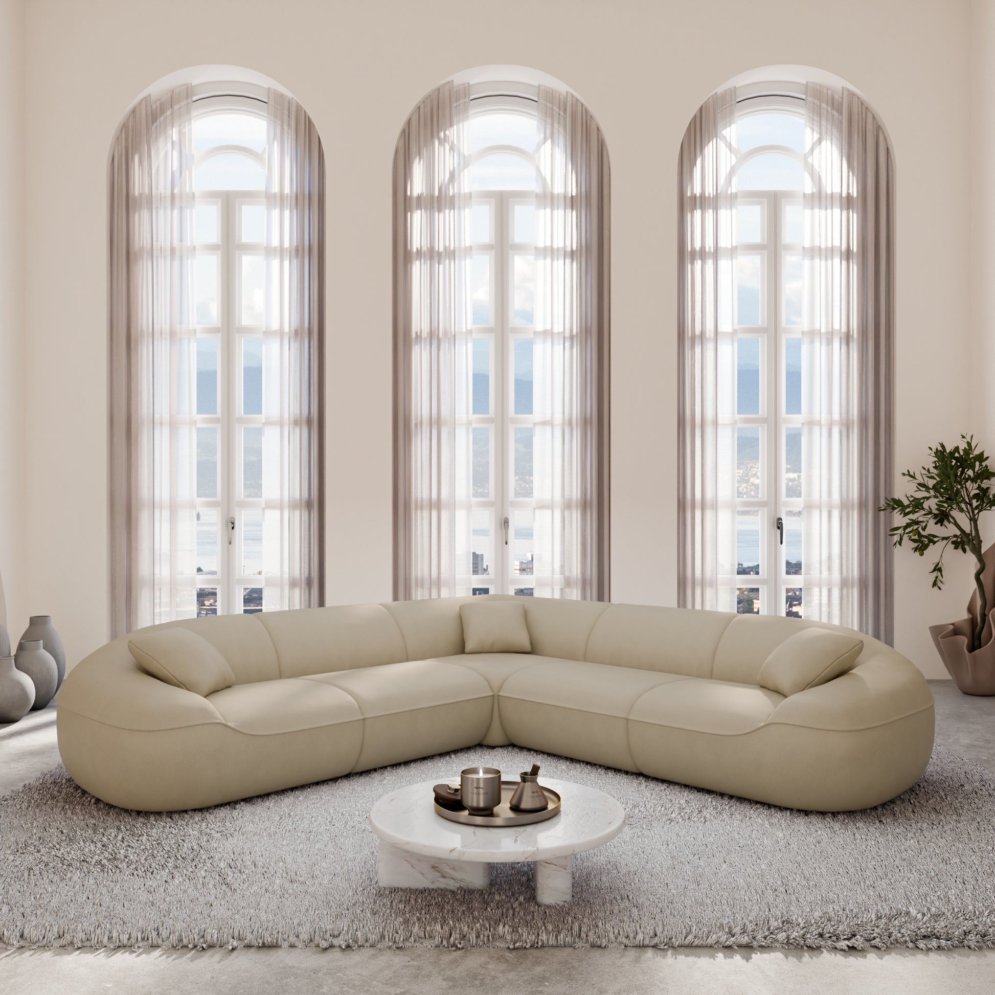 
5-Sitzer Design Echtleder Ecksofa „Novara“ - Echtleder Beige