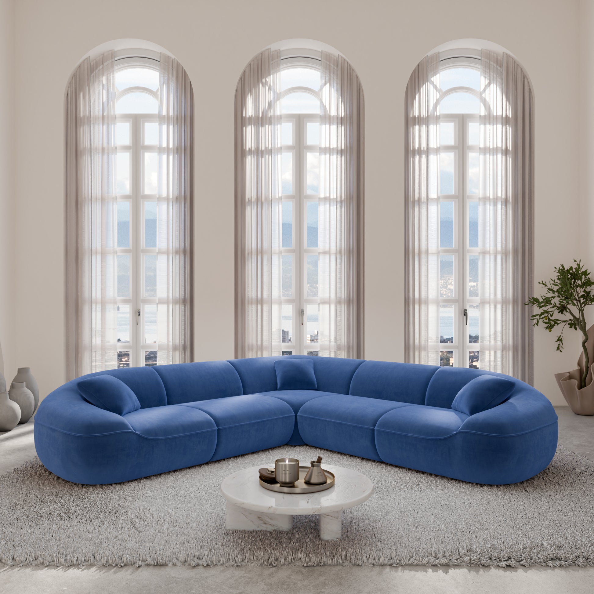 
5-Sitzer Design Ecksofa „Novara“ mit Samtbezug - Samtbezug Königsblau