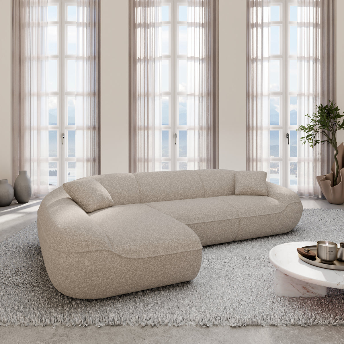 
4-Seater Designer Corner Sofa “Novara” with Bouclé Upholstery - Bouclé Toffee / Left corner section