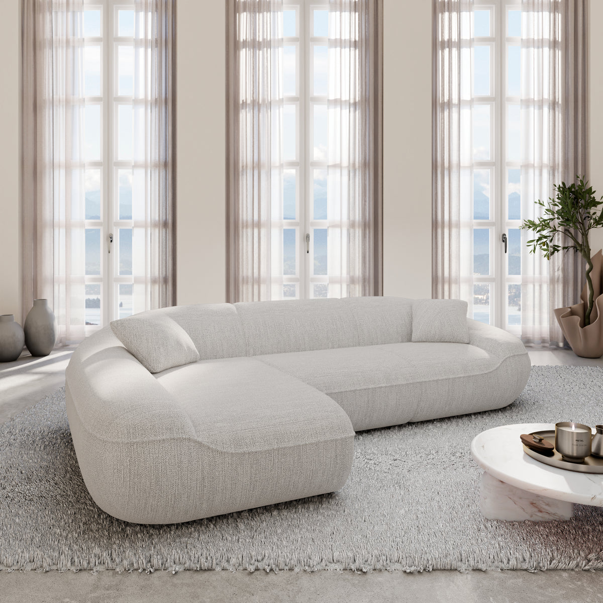 
4-Seater Designer Corner Sofa “Novara” with Textured Fabric Upholstery - Textured fabric White / Left corner section