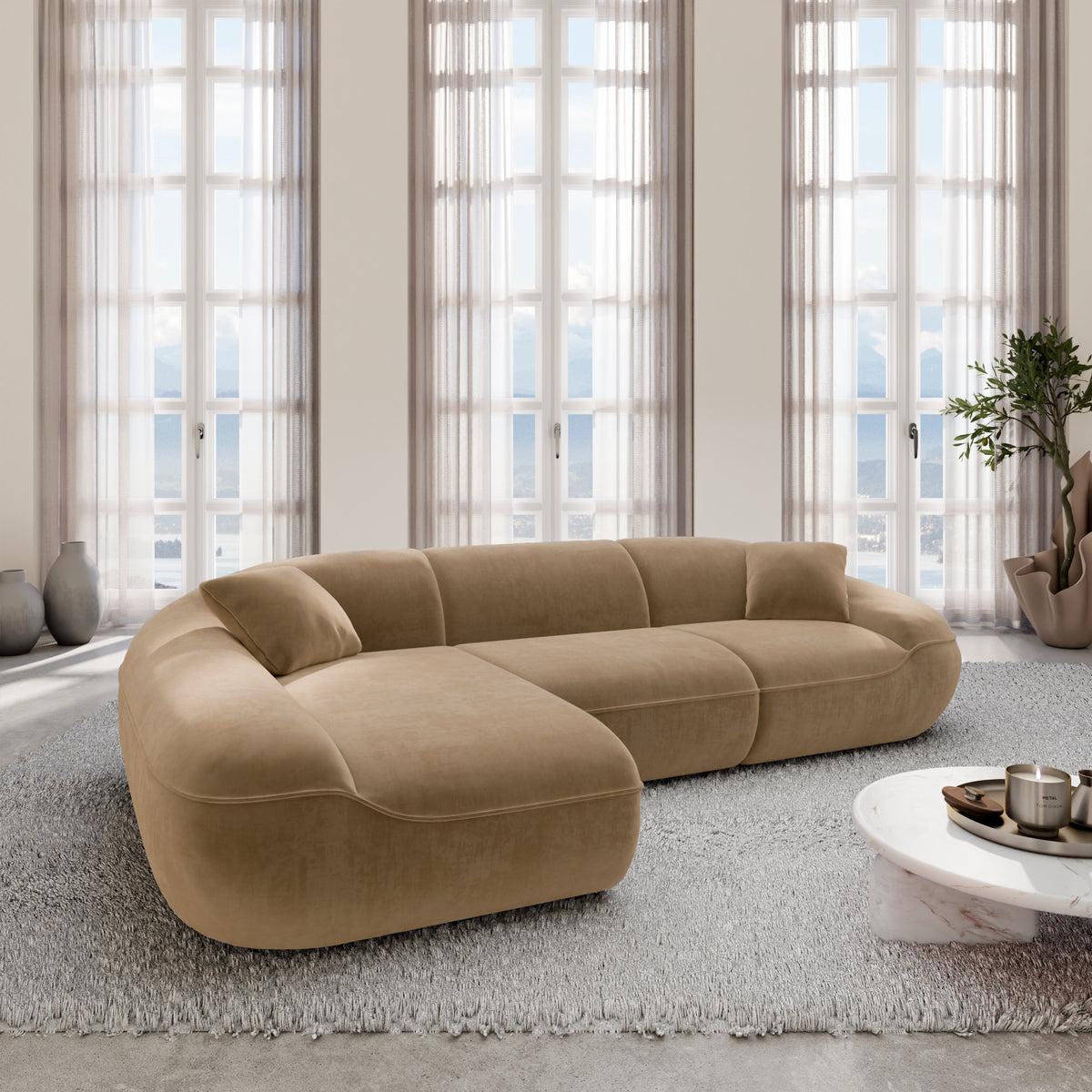 
4-Seater Designer Corner Sofa “Novara” with Velvet Upholstery - Velvet cover Brown / Left corner section