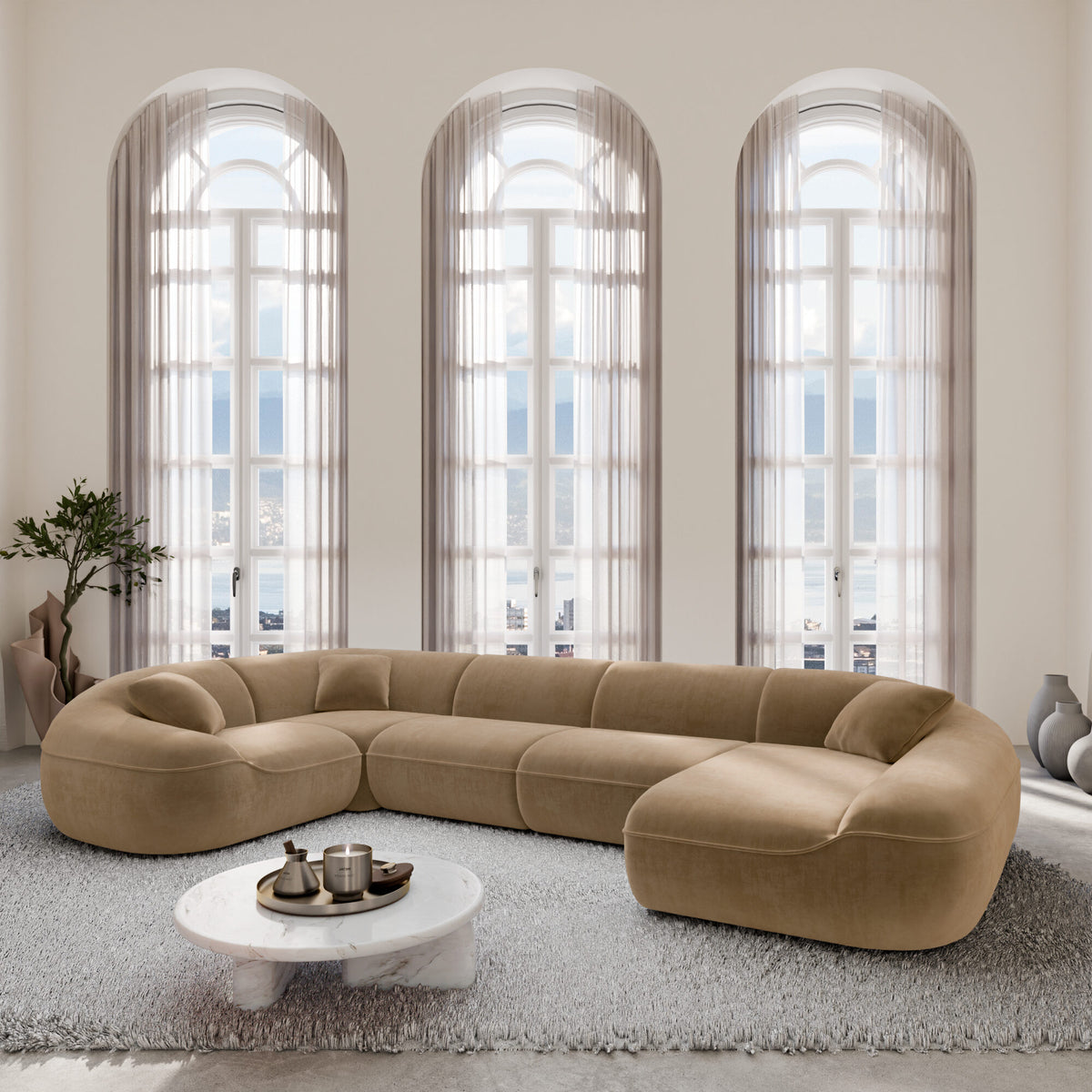 
6-Seater Designer Panoramic Sofa “Novara XL” with Velvet Upholstery - Velvet cover Brown / Long side left