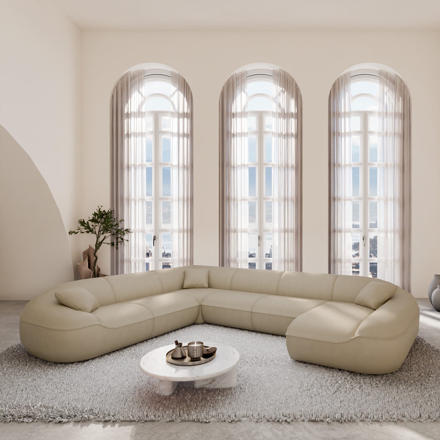 
7-Sitzer Design Echtleder Panorama-Sofa „Novara XXL“ - Echtleder Beige / Lange Seite links