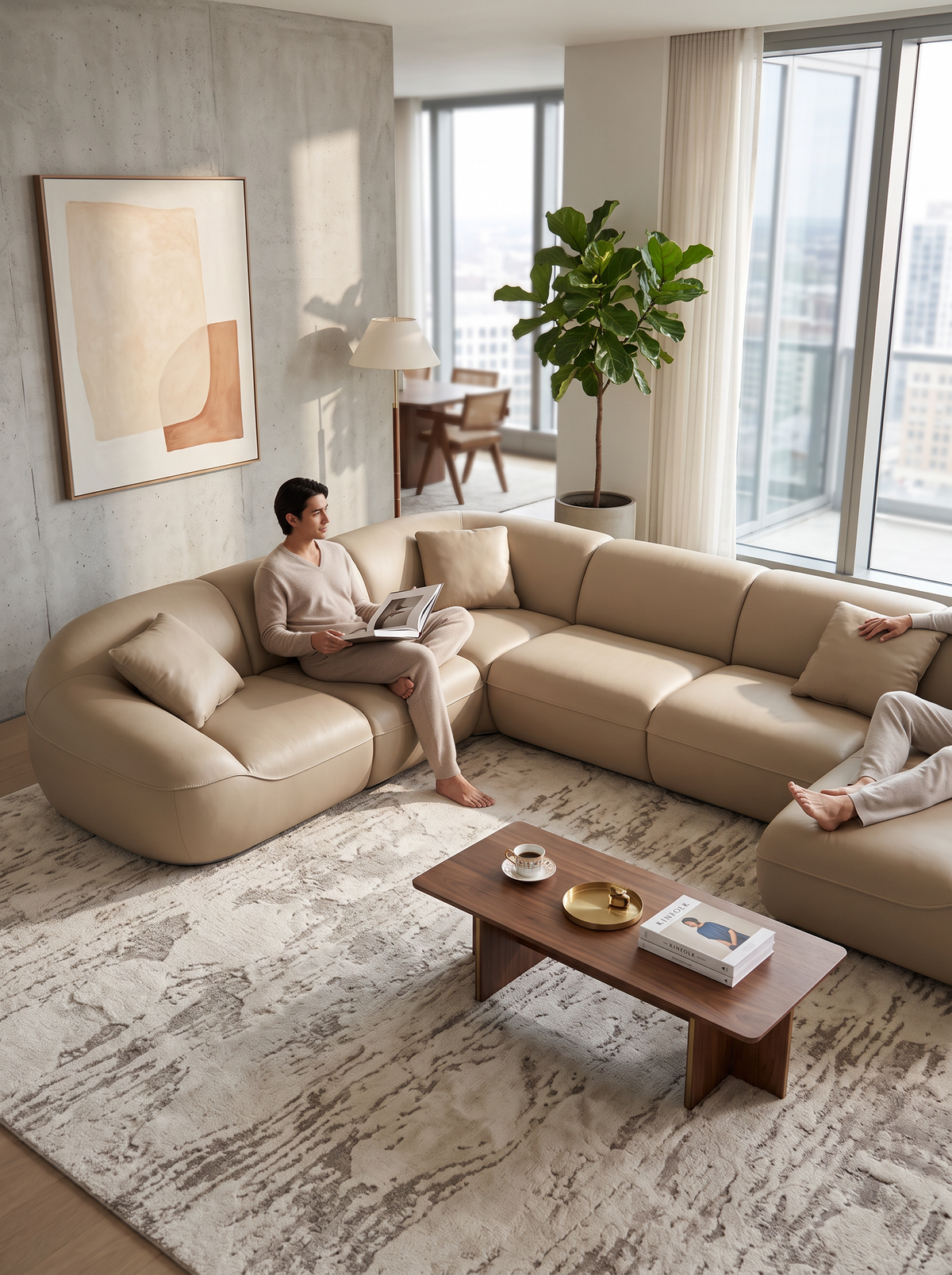 
Divano panoramico di design a 7 posti in vera pelle «Novara XXL» - Vera pelle Dark Beige / Lato lungo a sinistra