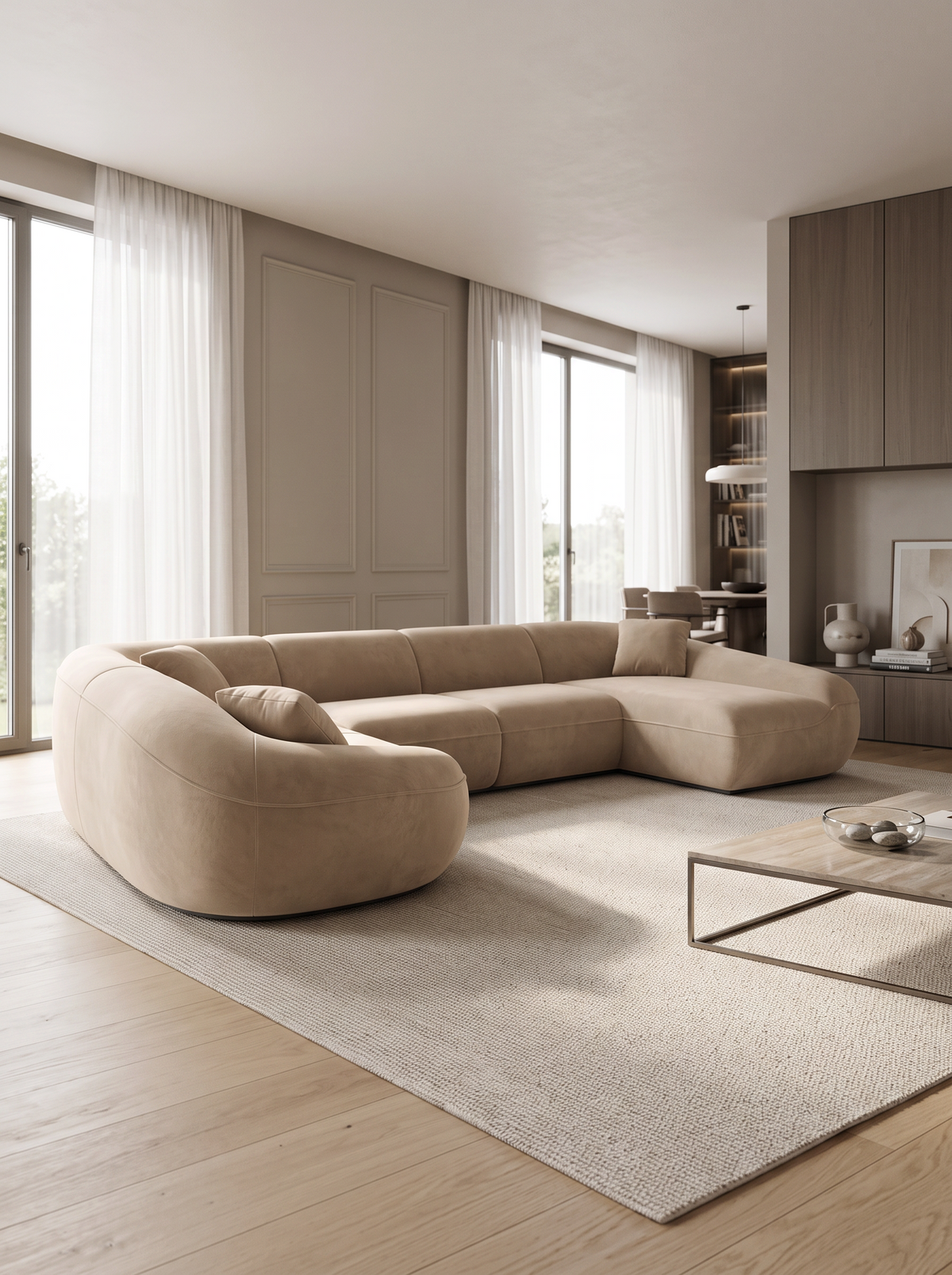 
7-Seater Designer Panoramic Sofa “Novara XXL” with Velvet Upholstery - Velvet cover Brown / Long side left
