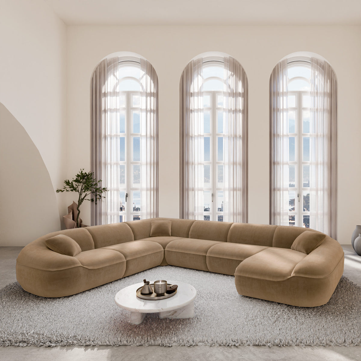 
7-Seater Designer Panoramic Sofa “Novara XXL” with Velvet Upholstery - Velvet cover Brown / Long side left