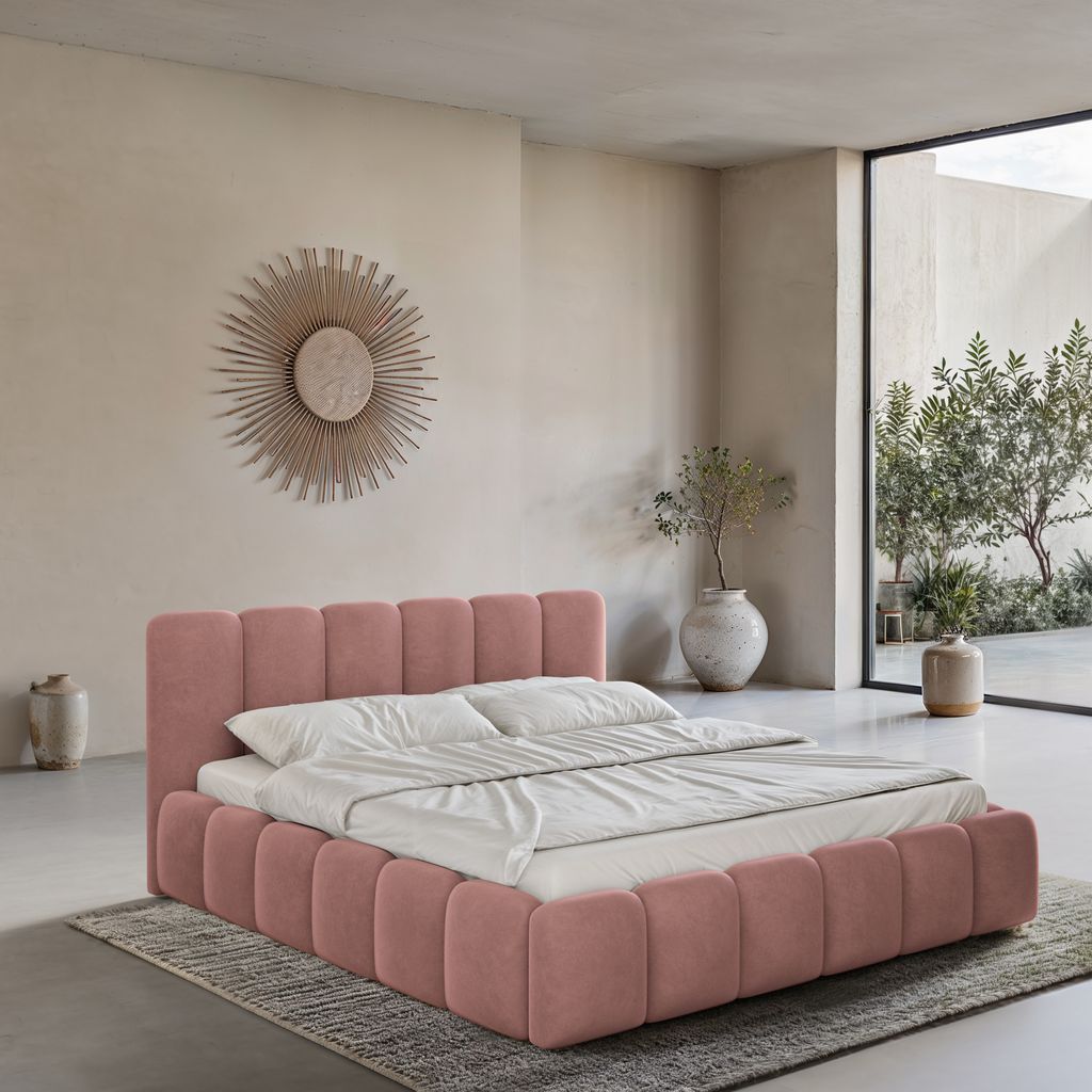 
Design Polsterbett „VLunelleria“ mit Ablagefach, Samt Lachsrosa - 140 x 200 cm
