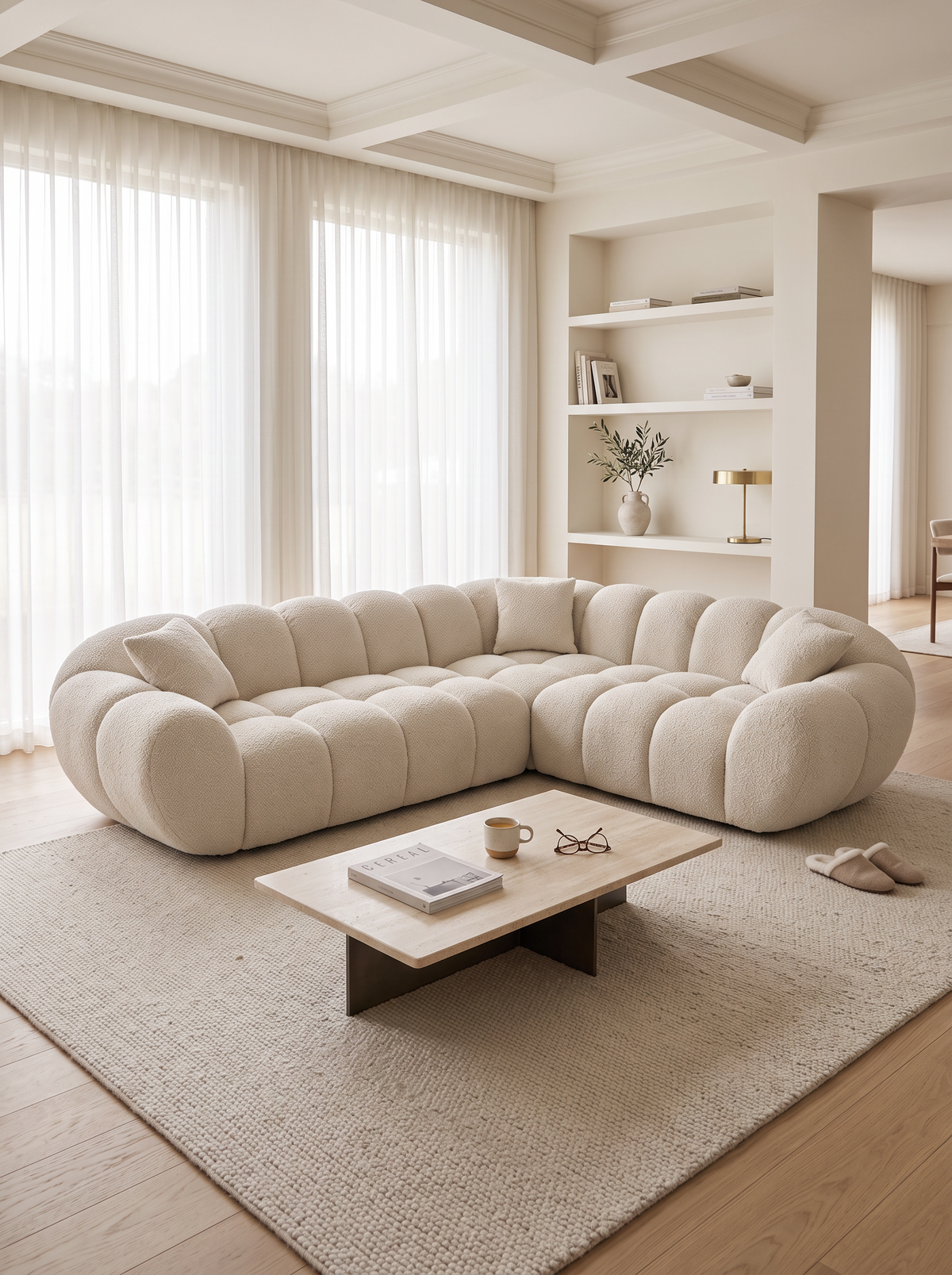 
Divano angolare di design a 5 posti «Levante» con rivestimento in bouclé - Bouclé Toffee
