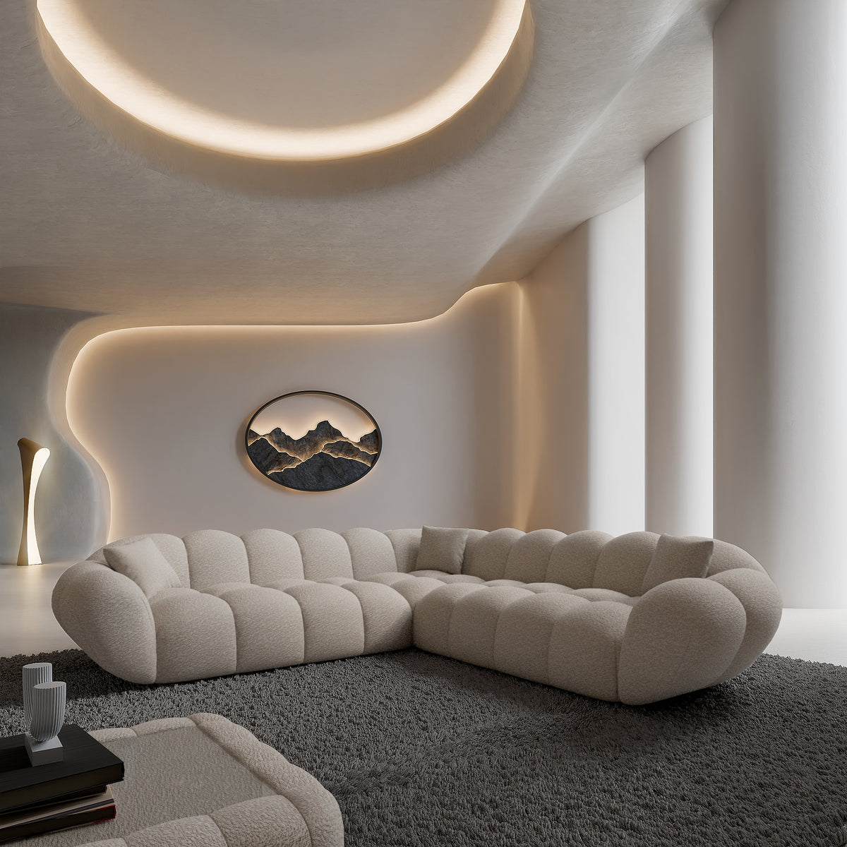 
Divano angolare di design a 5 posti «Levante» con rivestimento in bouclé - Bouclé Toffee