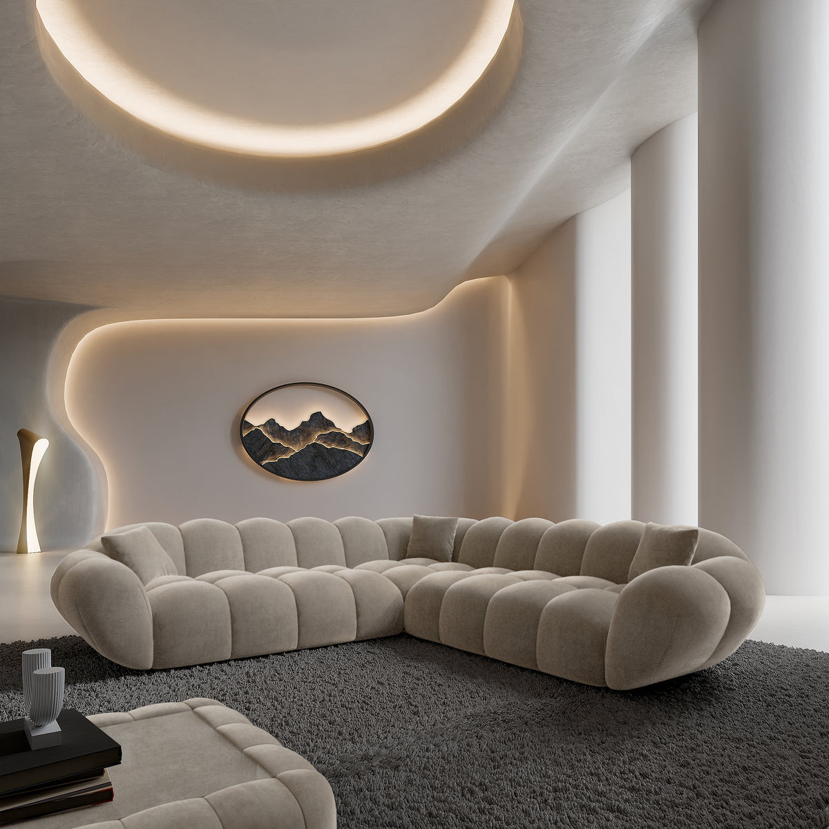 
Canapé d’angle design 5 places « Levante » avec revêtement en velours - Revêtement en velours beige foncé