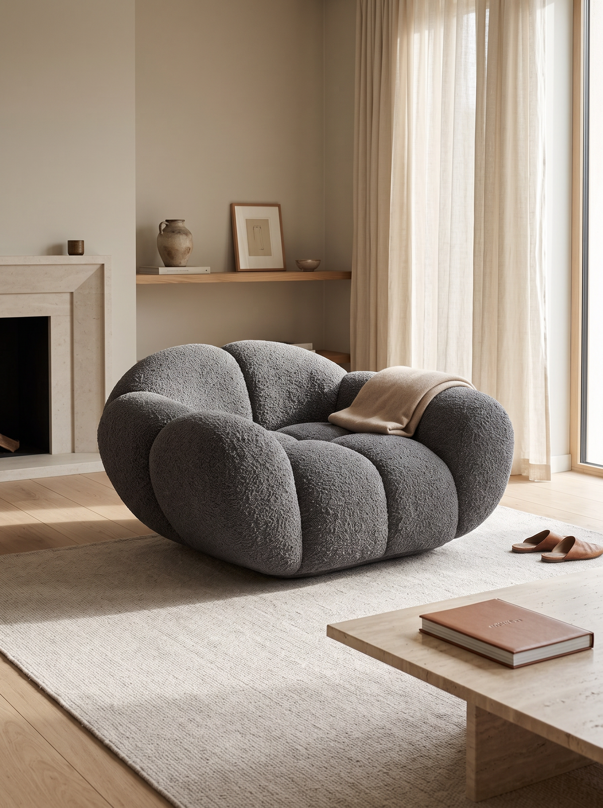 
Poltrona lounge di design «Levante» con rivestimento in bouclé - Bouclé Grafite
