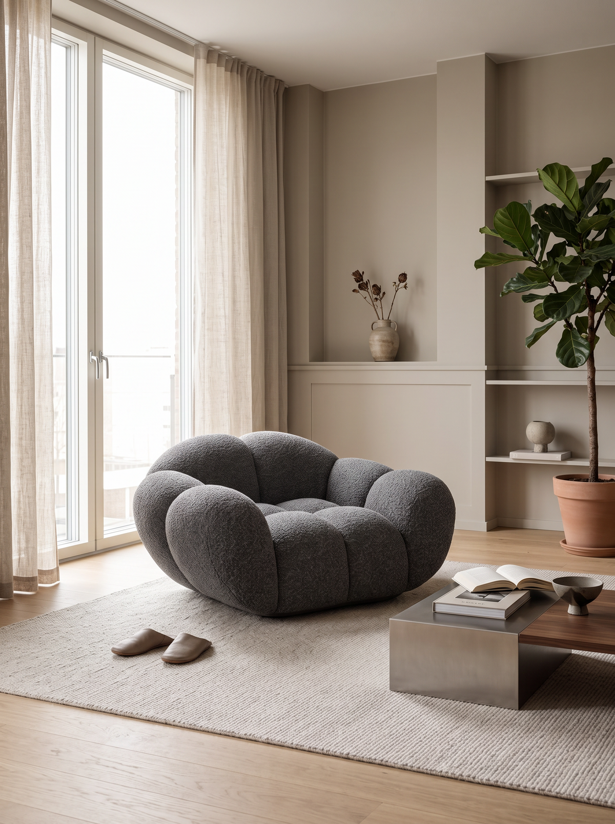 
Poltrona lounge di design «Levante» con rivestimento in bouclé - Bouclé Grafite