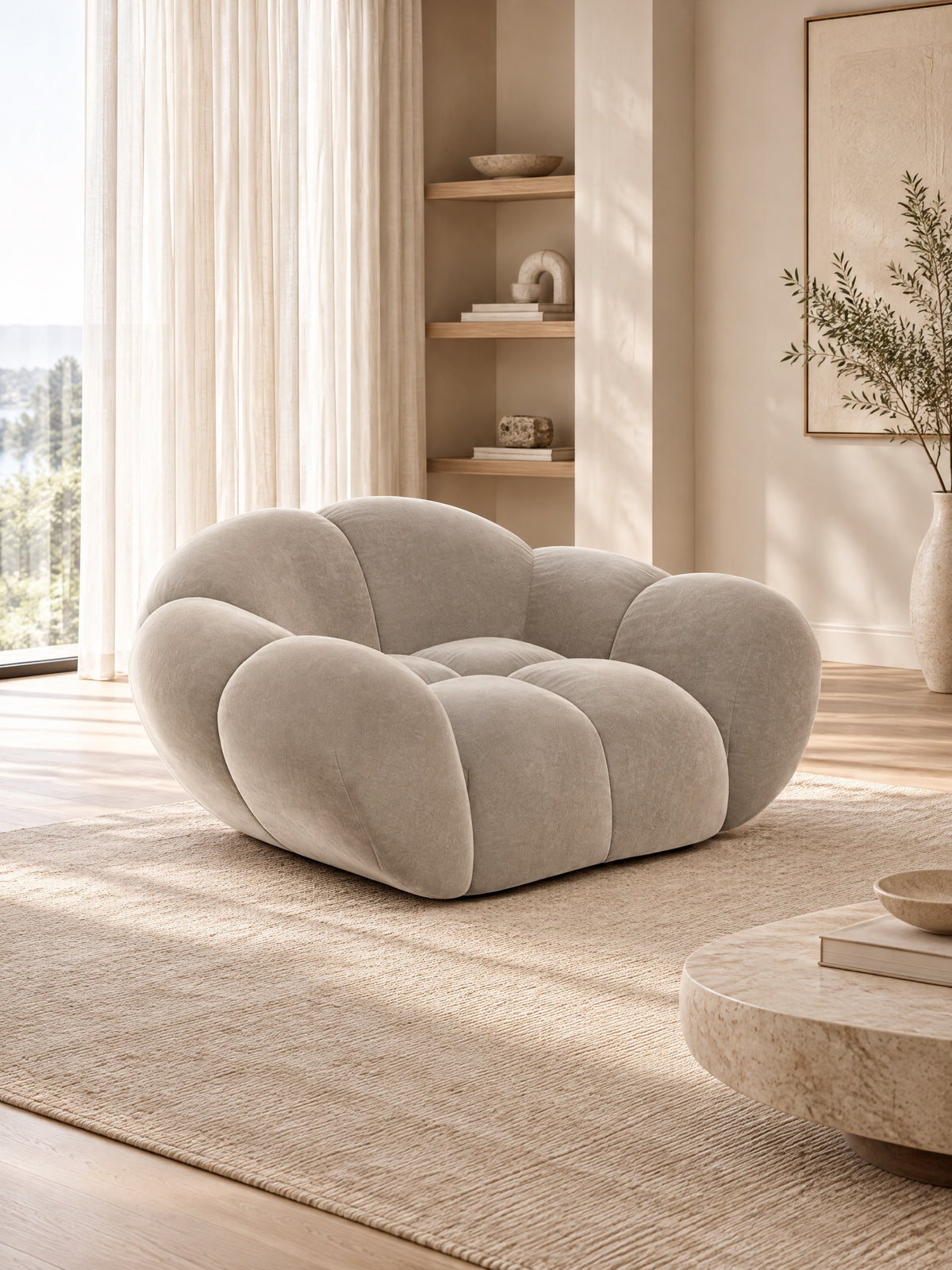 
Fauteuil lounge design « Levante » avec revêtement en velours - Revêtement en velours beige foncé