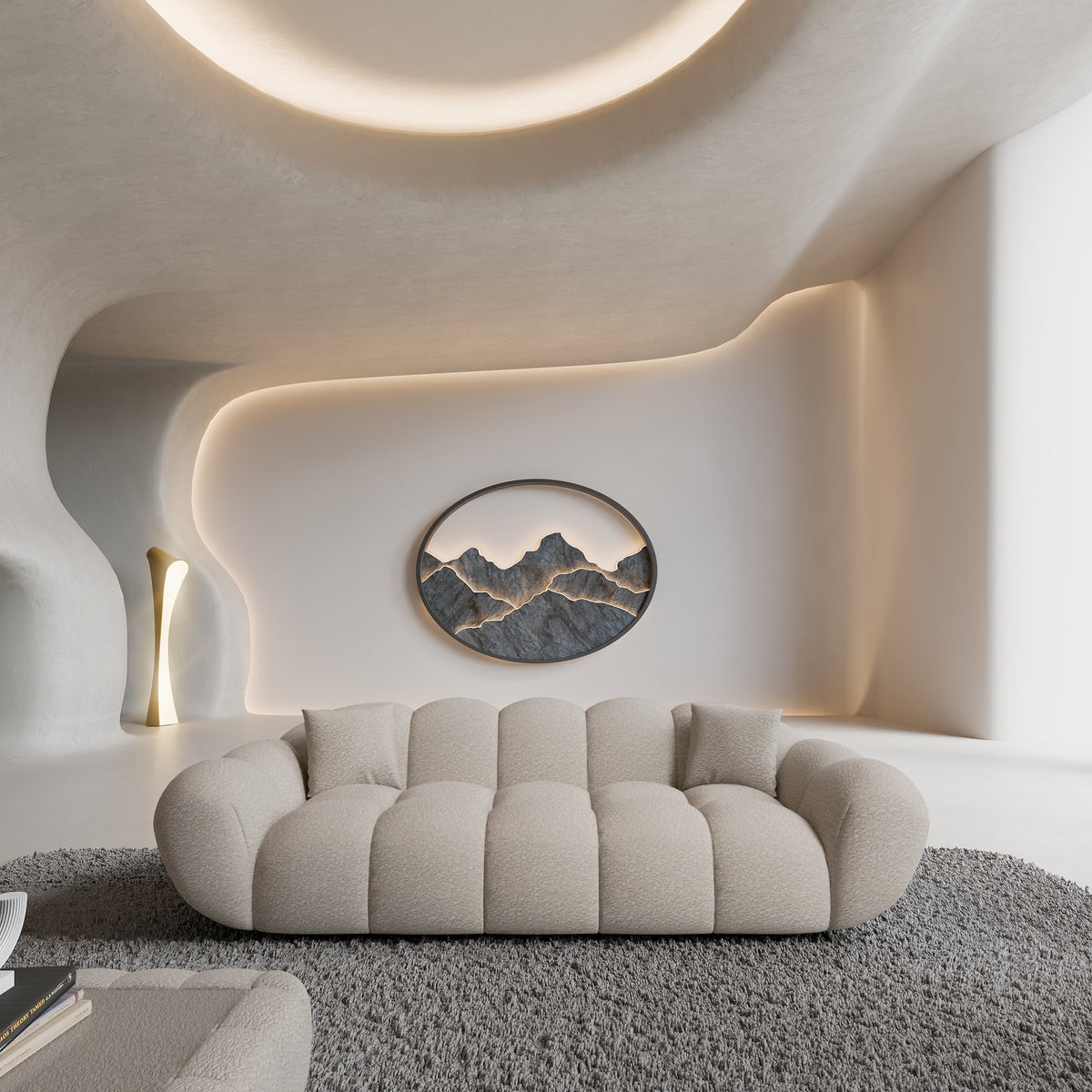 
Divano di design a 3 posti «Levante» con rivestimento in bouclé - Bouclé Toffee