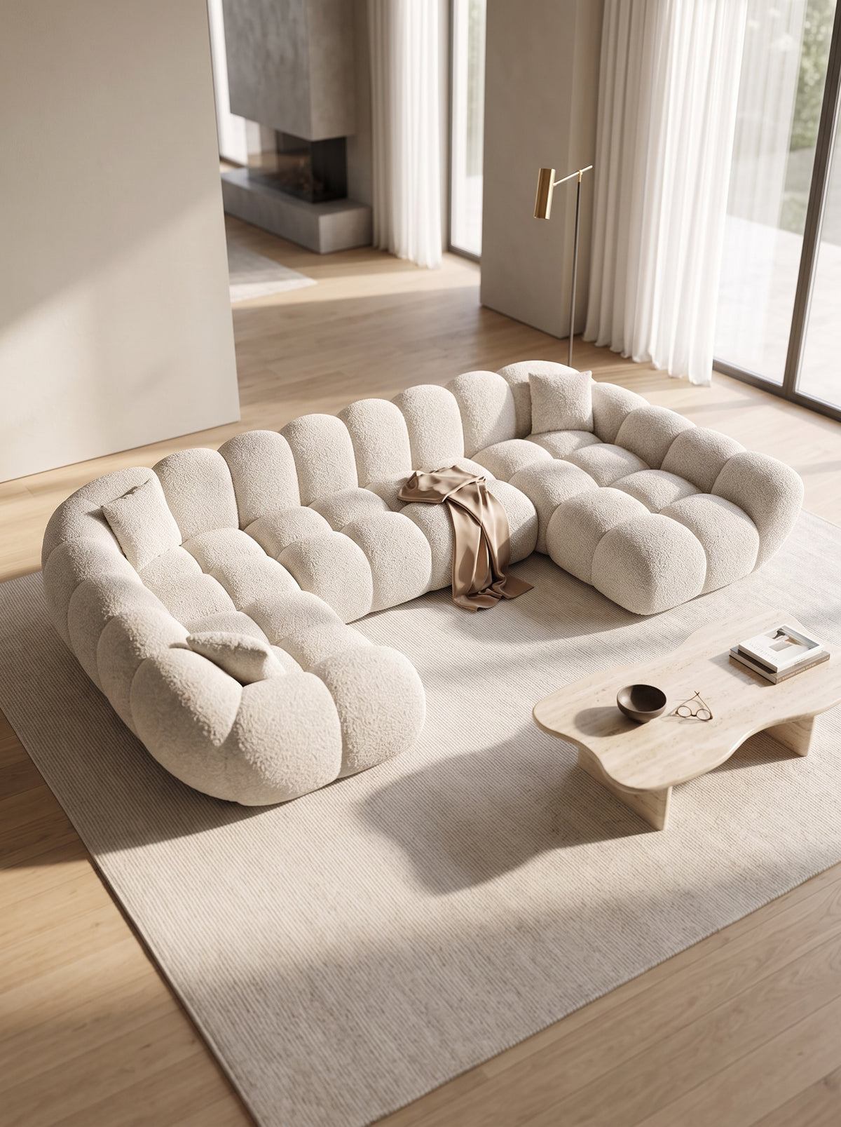 
Divano panoramico di design a 6 posti «Levante XL» con rivestimento in bouclé - Bouclé Toffee / Lato lungo a sinistra