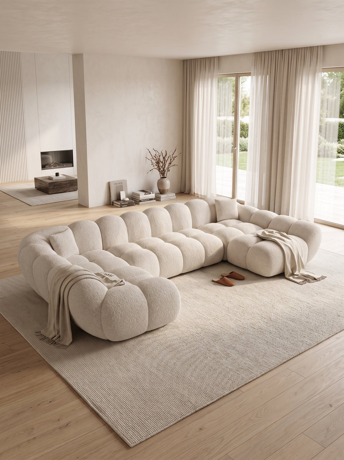 
6-seat designer panoramic sofa “Levante XL” with bouclé upholstery - Bouclé Toffee / Long side left