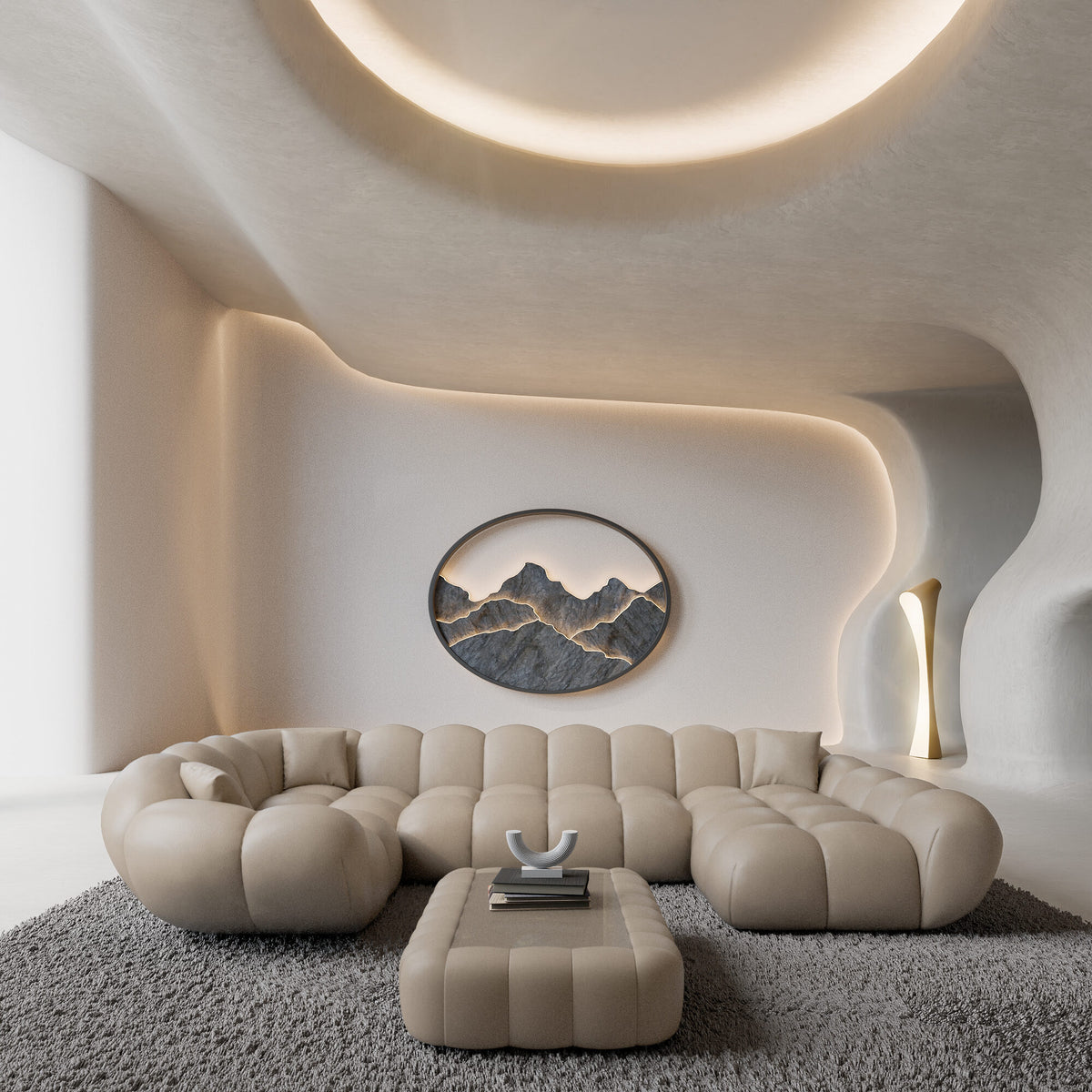 
Canapé panoramique design 6 places en cuir véritable « Levante XL » - Cuir véritable Beige / Côté long gauche