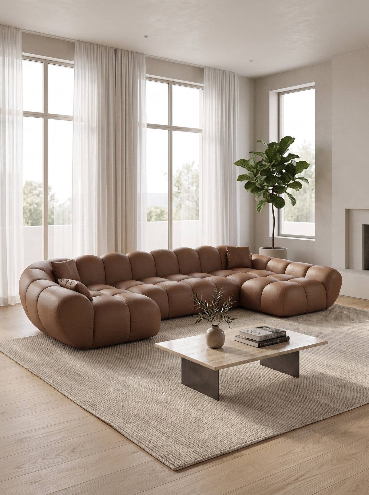 
Canapé panoramique design 6 places en cuir véritable « Levante XL » - Cuir véritable Choco Brown / Côté long gauche