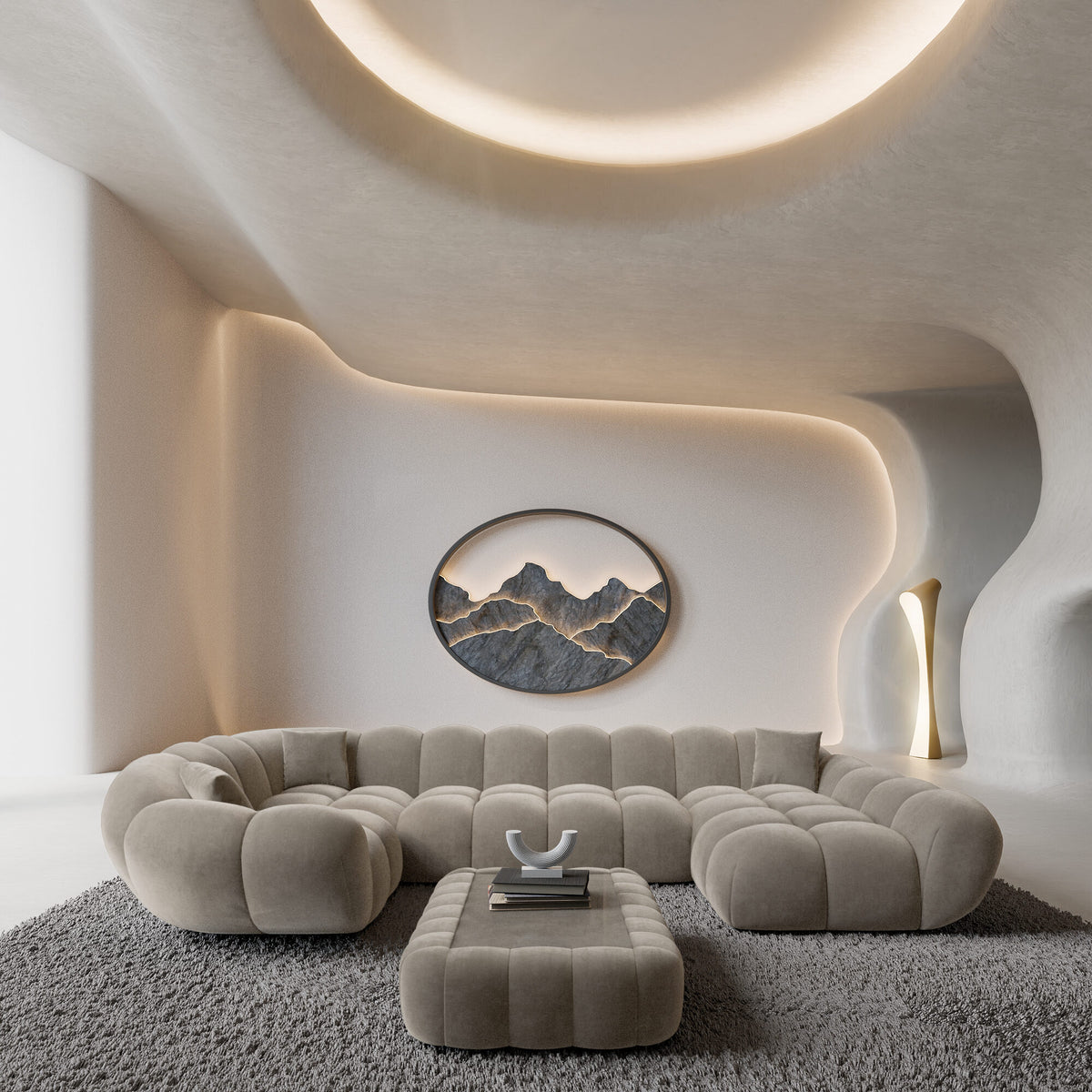 
Divano panoramico di design a 6 posti «Levante XL» con rivestimento in velluto - Rivestimento in velluto Beige scuro / Lato lungo a sinistra