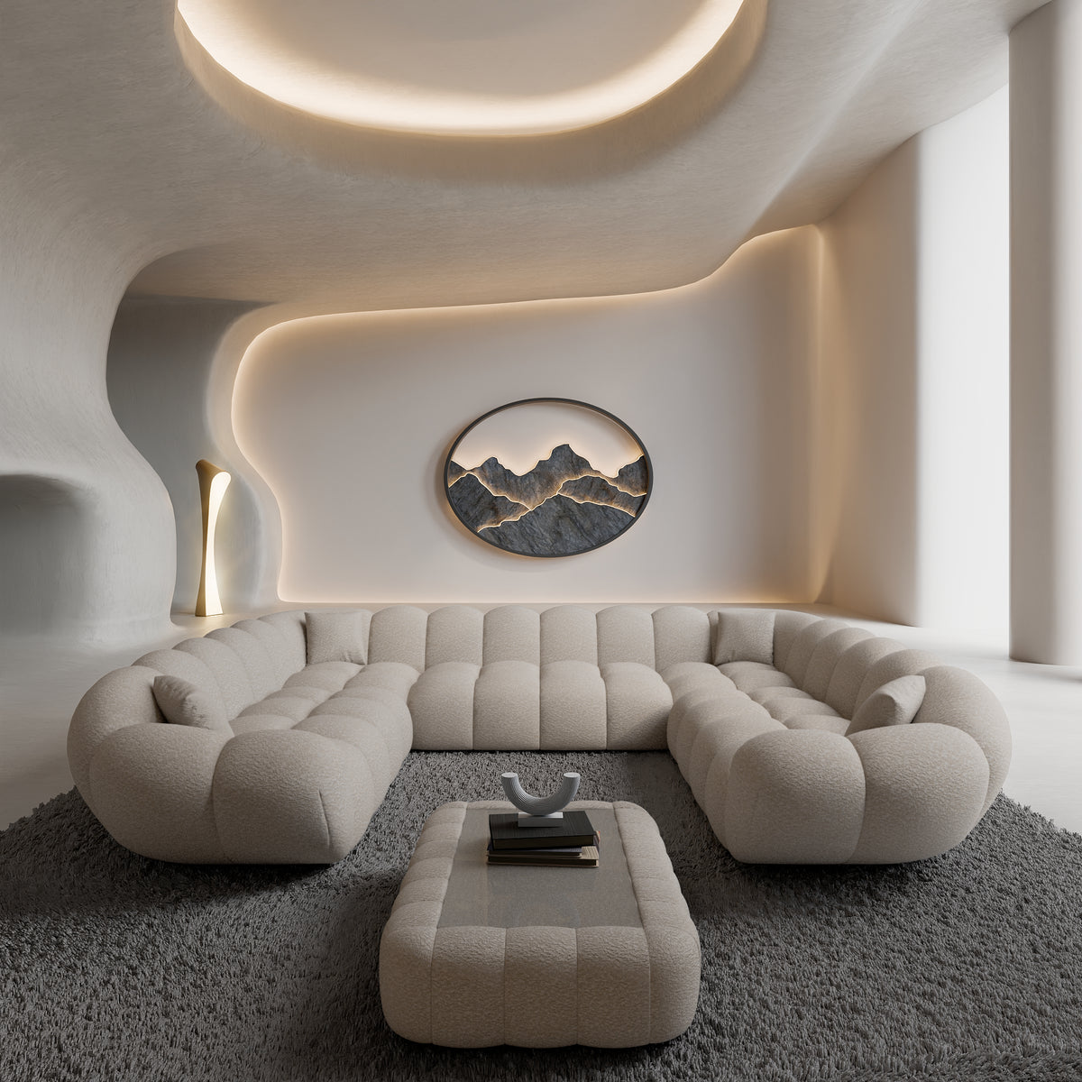 
7-seat designer panoramic sofa “Levante Panorama” with bouclé upholstery - Bouclé Toffee