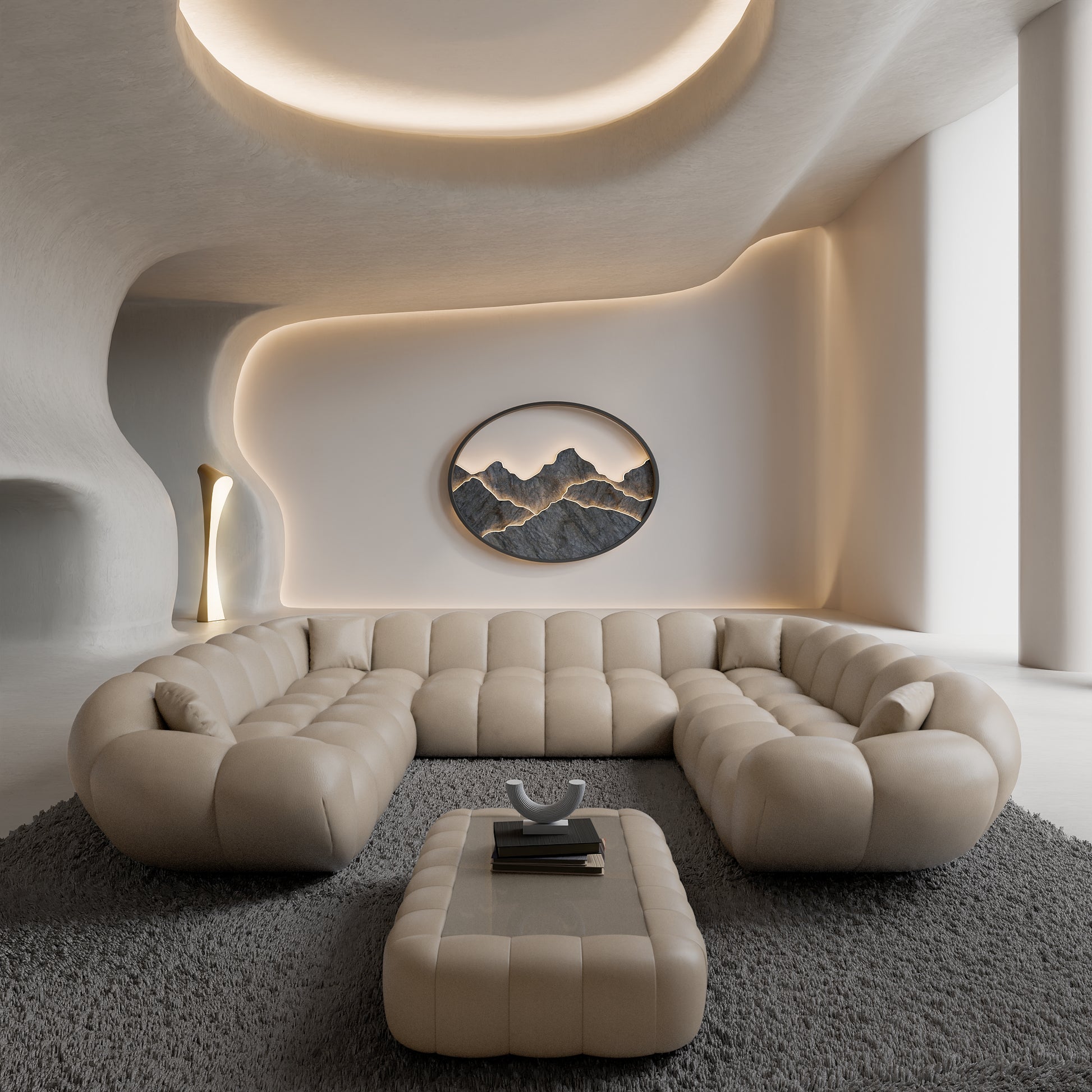 
7-Sitzer Design Echtleder Panorama-Sofa „Levante Panorama“ - Echtleder Beige