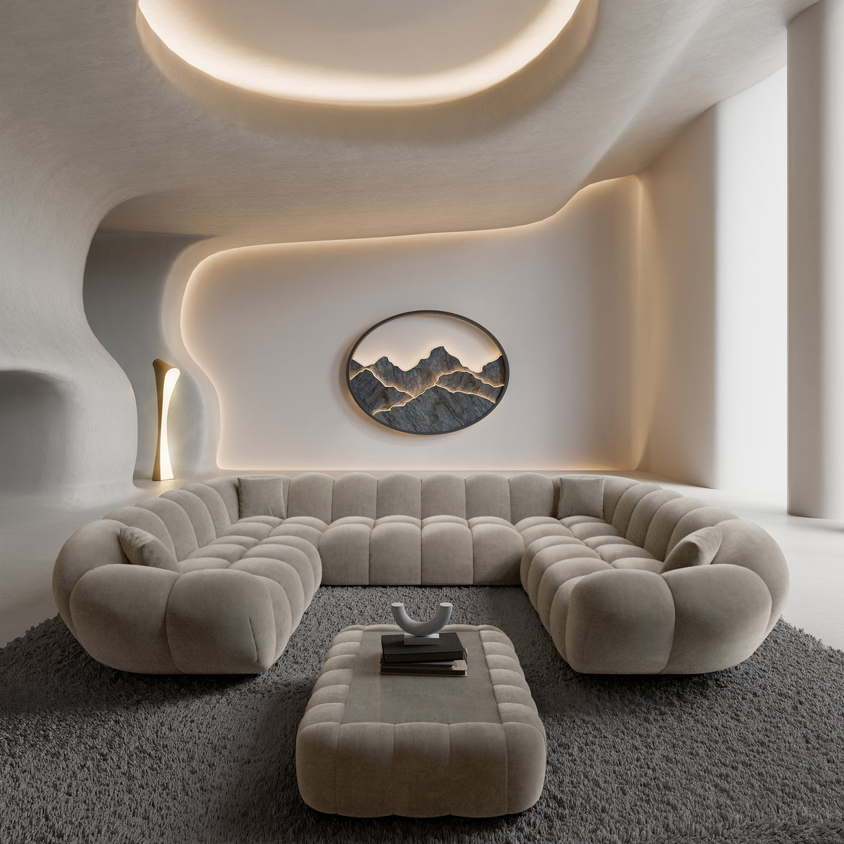 
Divano panoramico di design a 7 posti «Levante Panorama» con rivestimento in velluto - Rivestimento in velluto Beige scuro